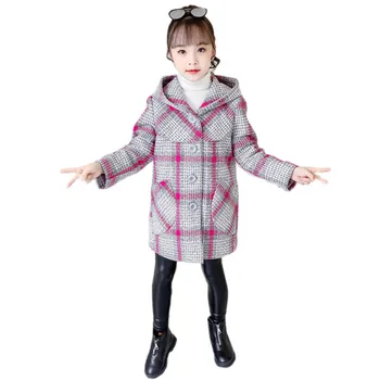 модно вълнена палта за момичета, яке, елегантна клетчатая яке с качулка, палта за момичета от 2 до 12 години, детска плътна горна дреха, облекло