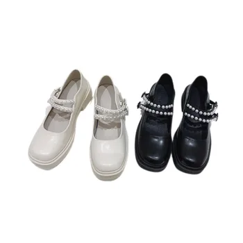 Черни, Бежови Кожени дамски обувки Mary Janes платформа; сладък дамски обувки-лодка с Бели Перли на Дебела Подметка; обувки-лодки в стил Лолита 