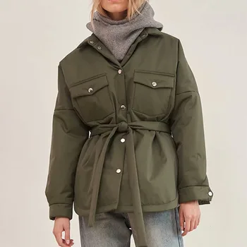 Дамско модно палто дантела, Дамски елегантен однотонная памучен яке с яка-часова, дамски парк, палто с предните джобове