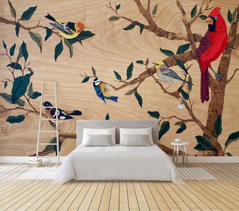 Потребителски тапети, Просто ръчно изработени рисувани дървесна фон тропическо растение, птица фон на стената