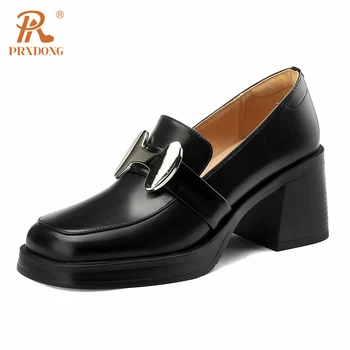 PRXDONG INS/Новост 2023 г.; дамски обувки на висок масивна ток и платформа от естествена Кожа; сезон Пролет-Есен; модельная Офис дамски обувки; обувки-лодка 34-39