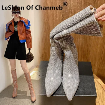 LeShion Of Chanmeb/ Дамски ботуши до Коляното с Кристали и украса под формата на кристали; детски велурени обувки на Висок ток; дамски есенни и зимни обувки за Партита
