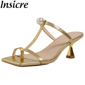 Insicre/ Нови стилни Сандали от естествена кожа с перли; Летни чехли на Специални обувки с Токчета; модни дамски обувки за партита с квадратни пръсти
