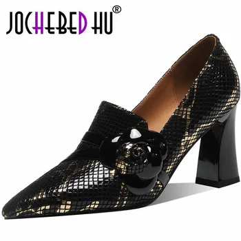 【JOCHEBED HU】Маркови модни обувки от естествена кожа на висок ток, цветни класически дамски лоферы, универсални офис дамски официални основни 34-42