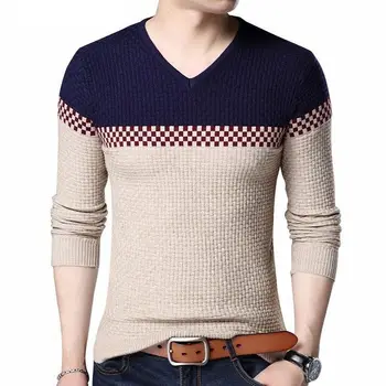 2022 Есен Зима Топли Вълнени Пуловери Случайни Удари Цвят Мозайка Пуловер С V-образно деколте на Мъжката Марка Slim Fit Пуловер Памук
