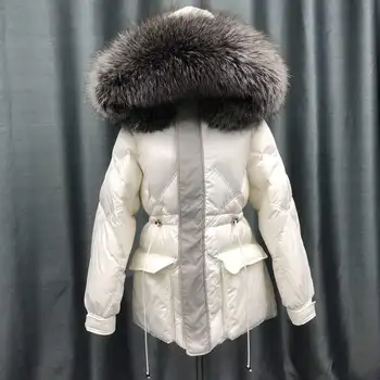 Зимна мода голяма яка от лисьего кожа Топло пушистое палто на утином топола женската индивидуалност е тънка с качулка дебели топли пухени паркове F729