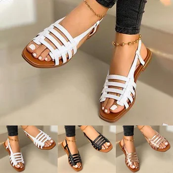 Дамски сандали, Дамски летни обувки в римски стил с изрезки, дамски плажни обувки-гладиатор с отворени пръсти, дамски Обувки на равна подметка, Големи Размери