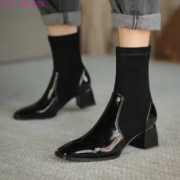 2021 г., Модни Еластични ботуши с квадратни пръсти, Есенни Дамски Обувки, Удобни Ботильоны на ниско масивна обувки, Дамски Обувки, без закопчалка, Черна