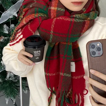 Жена Ретро Вълнен Шал С Пискюли, Карирани Зимата Корейски Дебел Топъл Дълъг Шал, Коледни Подаръци, Модни Аксесоари