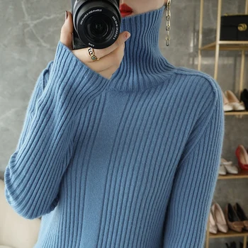 Женски нов пуловер от 100-чиста вълна, есенно-зимния пуловер с висока воротом, женски вязаный пуловер, дебели тънка долна риза