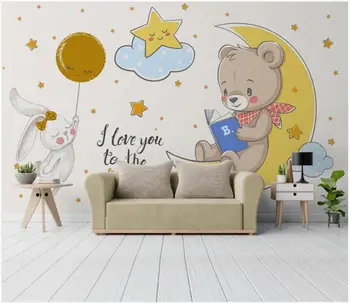 WDBH Custom снимка 3d тапети Карикатура на мечката заек звезда луната декор на детска стая на 3d стенописи тапети за стени d 3