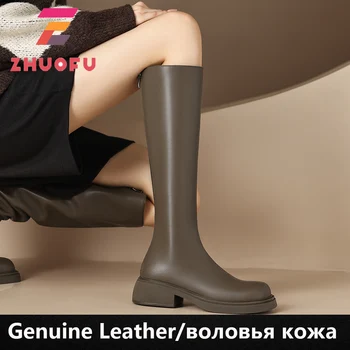 ZHUOFU/2023, есенни и зимни дамски ботуши до коляното, обувки от естествена кожа на среден ток с цип отзад Дамски Модни Дълги Ботуши, Размер диапазон 34-40