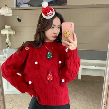 Червен коледен пуловер с дълъг ръкав, женски есенно-зимния пуловер 2021, нов дизайн, нишевое чувство на мързел, вязаный пуловер, топ
