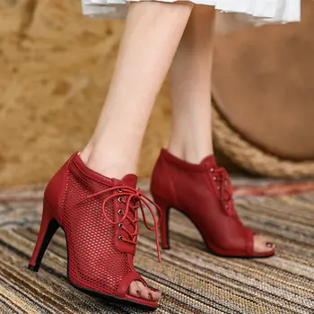 Нови дамски сандали с Високо качество от въздушна мрежа, Чубрица сандали-гладиатори на висок ток с отворени пръсти, Черни, бели модни мрежести фини обувки с дантела