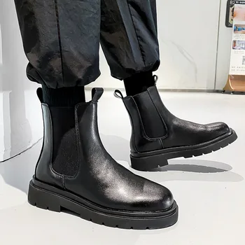 Мъжки модни обувки Челси в английски стил, оригинални черни кожени ботуши, каубойски ботуши с висок берцем, красиви къси ботуши на платформа, zapatos