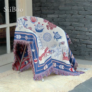 Богато одеяло от мека памучна нишка в стила на световния океан, вязаное многофункционално одеало с пискюл, декор за разтегателни дивана cubrecama SP6183