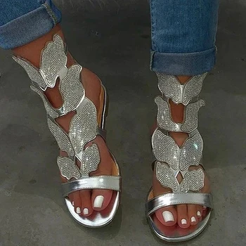 Летни дамски леки кухи сандали с нисък ток с пеперуди, сандали с кристали, Модни дамски сандали на равна подметка, женски 2021