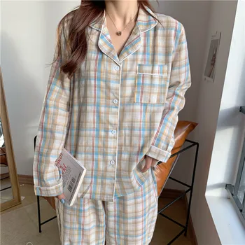пролетно-есенен пижамный комплект в клетката, дамски памучен домашно облекло с дълги ръкави и джобове, дамски пижамные панталони, костюми, панталони, корейски шик Y933