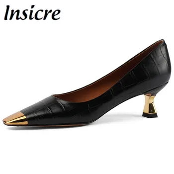 Insicre/Новост 2022 г.; пролетни обувки-лодка в лаконичном стил; Женски Обикновен чифт обувки с бомбе от естествена кожа на висок квадратен обувки; дамски обувки за партита