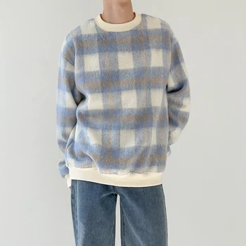 Нишевый дизайн, кариран пуловер с дрямка, мъжки свободна риза с кръгло деколте в корейски стил, тенденция дивата новата есенна облекло