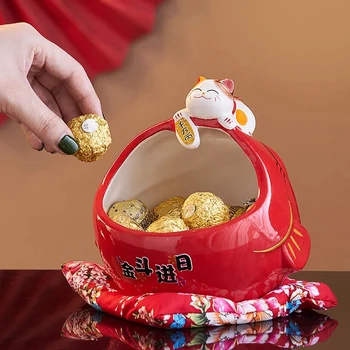 Керамична Кутия шоколадови Бонбони Лъки Cat Сладко Лъки Cat Кутия За Съхранение на Пари Китайски Начало Декор За Привличане на Богатство и Късмет