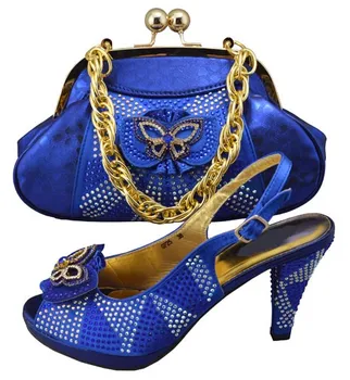 Най-модерни сини дамски обувки-лодка в африканския стил в африканския стил, комплект с чанта и диамантени за рокли GF25, ток 10 cm