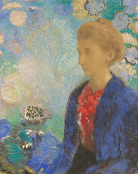 портретна живопис абстрактна живопис върху платно стенни щампи Портрет на младо момиче с цветя и пеперуди от Одилона Редона
