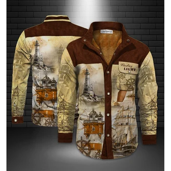 Мъжки Модни и Ежедневни Напълно Вълнена Куртка 3D Custom Lighthouse Finding Яке-Бомбер Вълна Яке