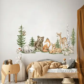 Стикер на стената в детската стая с горски животни, Акварелни стикери за стена с животински, Стенно изкуство в гората, Стикер на стената за деца