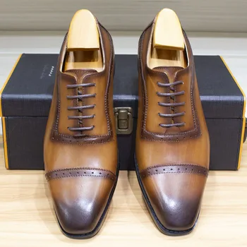 Класически Мъжки Оксфордские Бизнес Офис Модела Обувки С Отворени Пръсти На Дантела От Естествена Телешка Кожа, Ръчна изработка на Сватбени Партита Официалните Обувки за Мъже