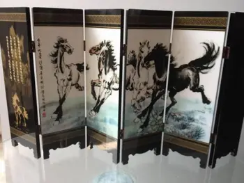 (Мини ) Изискана китайската Класическа Лакирана Рисувани Декоративни Сгъваем Параван - Осем Коня