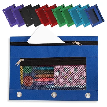 Калъф за моливи, 3 халки, 12 опаковки, Прозрачен мрежест молив случай на мълния, Найлонови чанти за моливи с двоен джоб, 6 цвята