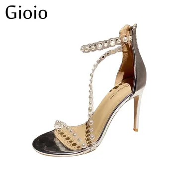 Gioio/ дамски обувки на платформа 4 см, прозрачна модни дамски сандали на Висок тънък ток размера на плюс, лятна ежедневни обувки сребрист цвят с катарама