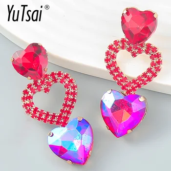 YUTSAI Модни Обици-Висулки от Сплав с Кристали, Ламинирани Стъклени Обици във Формата на Сърце за Жени, Бижута, Подаръци YT784