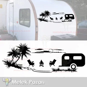 Трейлър-каравана от 2 части, Стикер на каравана с гледката на палмово залез слънце, етикети за лагера. етикети за оф-роуд