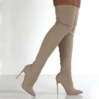 Размери 36-43, женски ботфорты над коляното, с остри пръсти, на тънък ток, без шнур, за партита, за клуба, зимни дамски обувки с цип, чубрица високи токчета