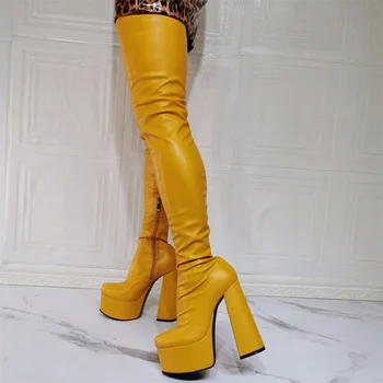 Пикантни Дълги Ботуши Над Коляното на Дебел Висок Ток с Кръгло Бомбе, Пикантен дамски Ботуши на Платформа, Модни дамски Обувки за Подиум, Голям Размер на 15
