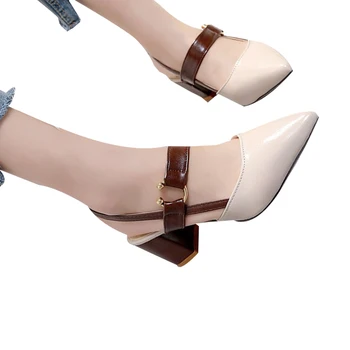 Дамски летни сандали на ток с остър пръсти за момичета, сандали с мека стелькой от изкуствена кожа, обувки на токчета 3-5 см