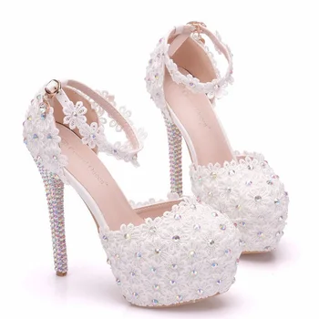 Летни бели дантелени сватбени обувки за младоженци 14 см на висок ток с кръгло бомбе, непромокаеми обувки на платформа с голям размер с банкет рокля, дамски сандали
