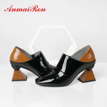 ANMAIRON/2020 г. на основните женски обувки от лачена кожа с остри пръсти, луксозни обувки на квадратен ток, дамски модни дамски обувки-лодка без застежки34-43