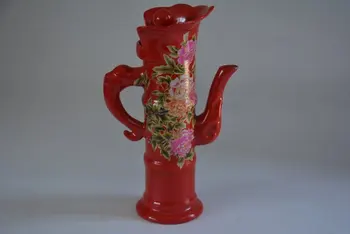 Античен порцеланов чайник QingDynasty, Червена глазура, Цвете, ръчно рисувани, Безплатна доставка