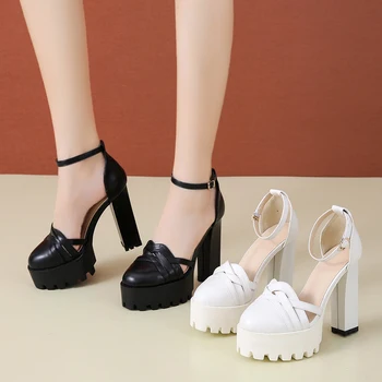 2022 Летни Нови Стилни бели сватбени обувки с дебел ток със Затворени пръсти; Дамски Обувки на Дебелото Обувки на Висок ток с Катарама; дамски Офис обувки за Партита