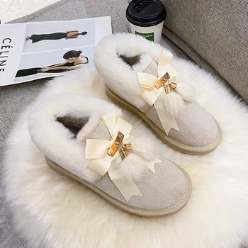 Дамски зимни обувки; Новост 2022 г.; зимни памучен обувки от плътно кадифе с лък; Нескользящие топли универсални ботильоны ; дамски обувки на платформа