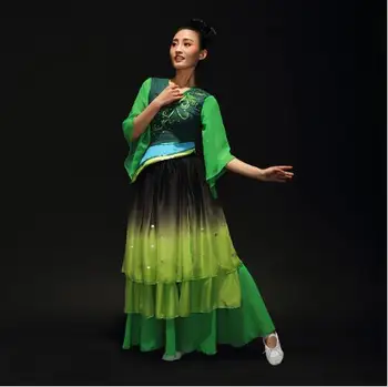 (0113) Женствена бродерия китайски класически танцови костюми yangko/фен поетичен зелен Luoqun Градиентный цвят сценична облекло
