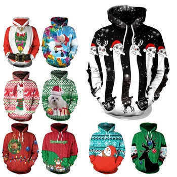 Коледен Грозен Пуловер на Жените и Мъжете Елф 3D Дигитален Печат Забавно Новост Коледни Скок Блузи С Качулка Отношение на Коледно Облекло