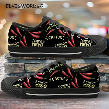 ELVISWORDS Червен Пипер, Чили Дизайн Ежедневни Дамски Вулканизированная Обувки С Нисък Покрив Удобен Модел Обувки на Плоска Подметка с Шнур за Жени