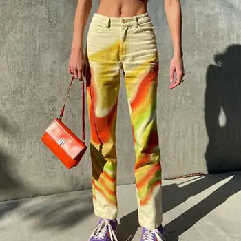 Пролетни европейски и американски женски индивидуални цветни Контрастни цветни панталони с висока Талия, тънки директни Скъсяване на Панталон