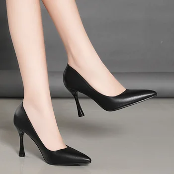 Дамски Обувки От Естествена Кожа С Остри Пръсти, Дамски Професионална Обувки На Висок Ток, Черни Обувки За Етикет, Универсална Работна Обувки
