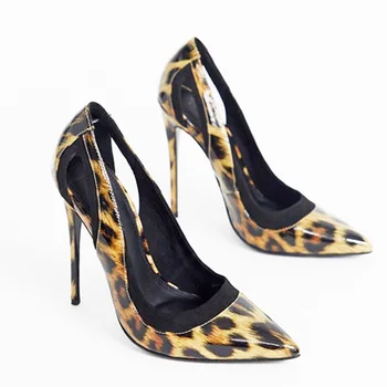 Пролетно обувки на висок ток-висок ток с леопардовым модел, зашити от лачена кожа, кухи обувки големи размери, банкет рокля, дамски обувки