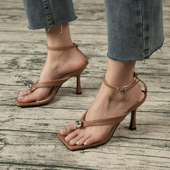 2021 каишка на глезена Дамски сандали, летни модни скинни скоба пръсти прашки на висок ток, обувки сандали тесен колан женски участник в реда на ток